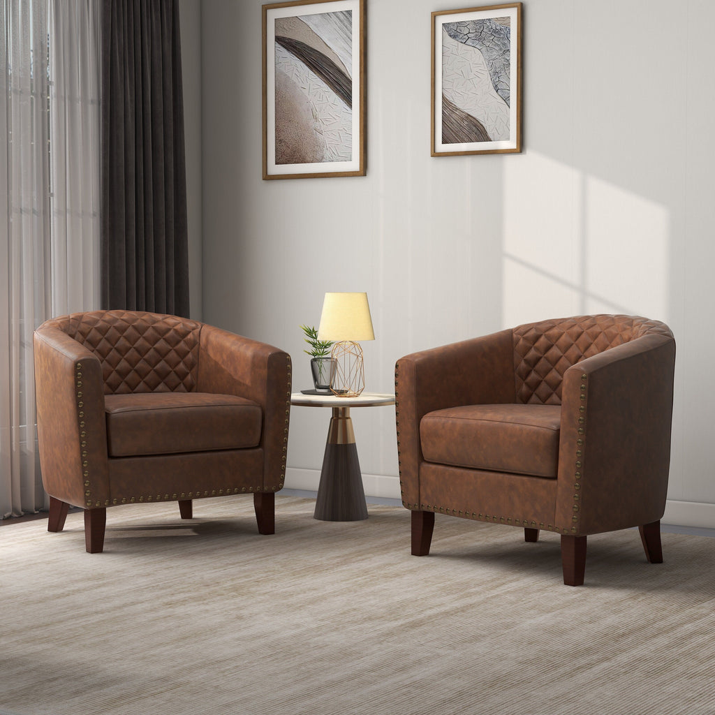 2 Set 29 W Vegan Leather Barrel Accent Chairs with Nailheads Trim