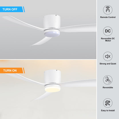 52 Inch Black/White Flush Mount LED Ceiling Fan with Lights Remote(3-Blade)