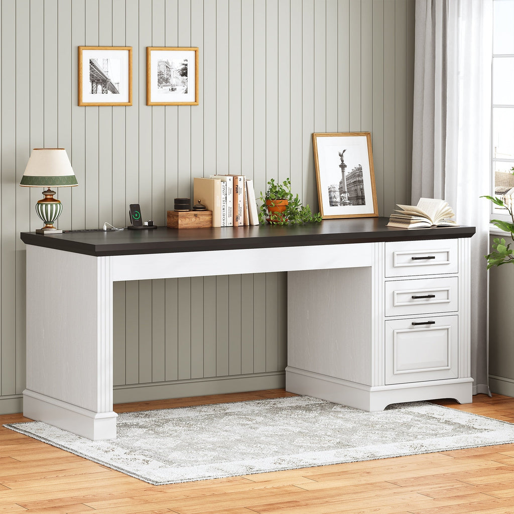 Farmhouse Executive Desk Home Office Desk File Drawer Monitor Stand Power Outlet
