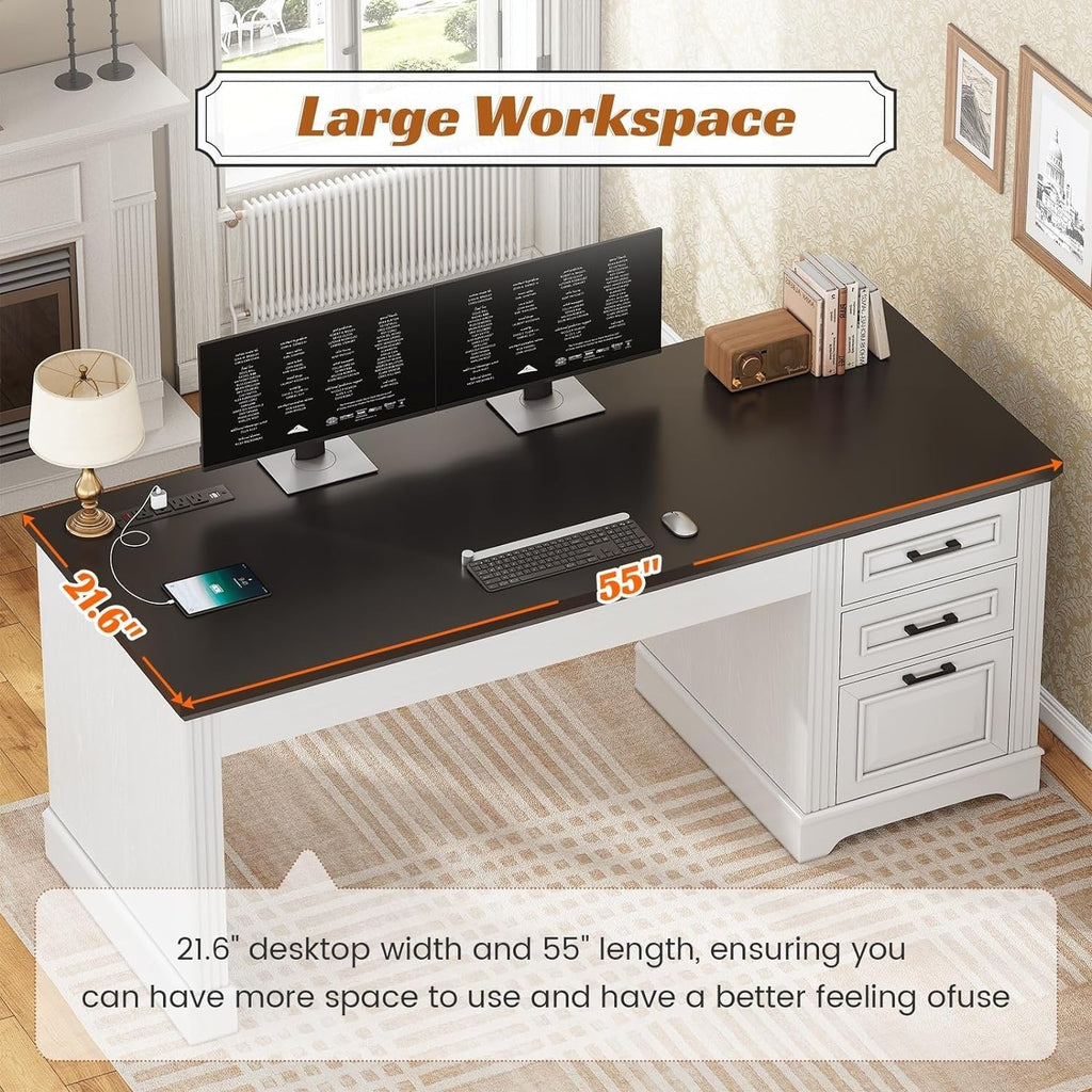 Farmhouse Executive Desk Home Office Desk File Drawer Monitor Stand Power Outlet
