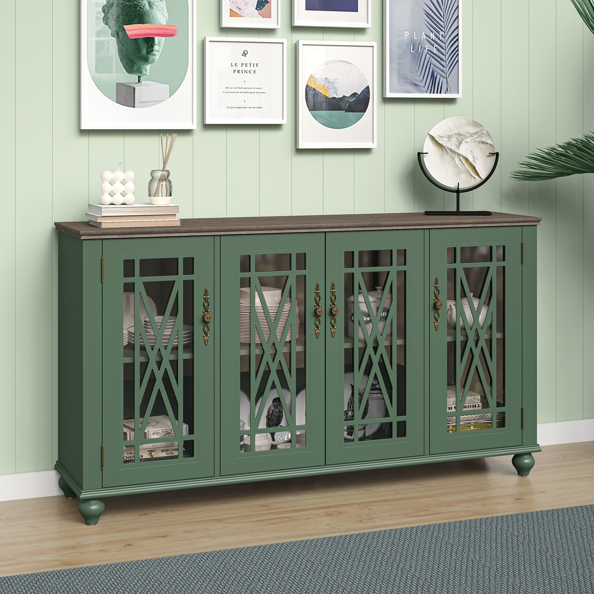 63 Vintage Style Wood Kitchen Accent Buffet Sideboard Cabinet - 63 in Width