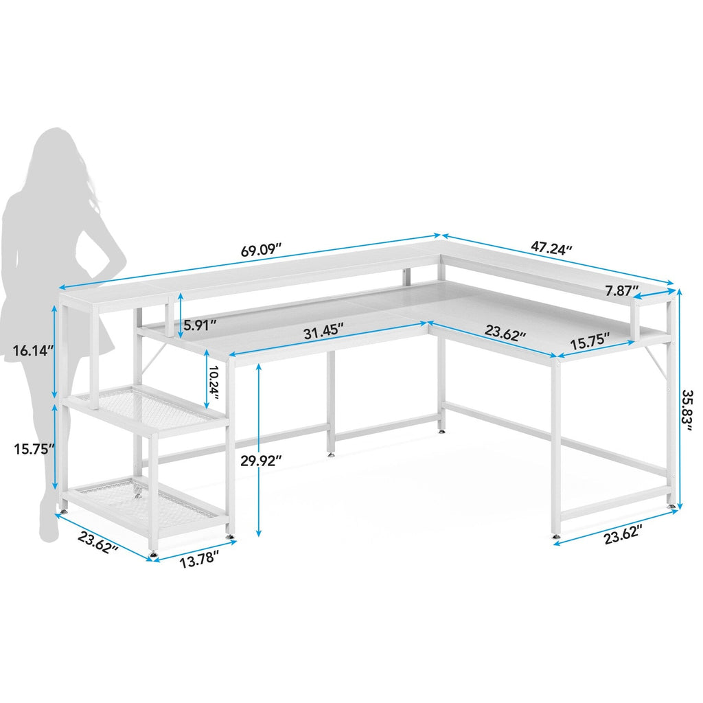 L Shaped Desk with Monitor Shelf, Reversible Corner Computer Desk for Office Home 69