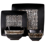 Abstract Square Double Bowl Black Stoneware Dinnerware Set 16 Pieces