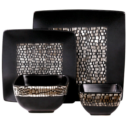 Abstract Square Double Bowl Black Stoneware Dinnerware Set 16 Pieces