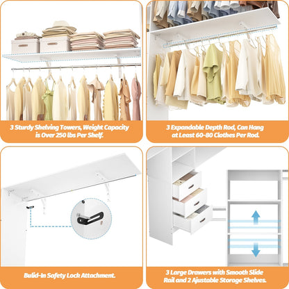 Rackcog Organiseur de placard réglable de 120 pouces avec tiroirs, système de placard avec étagères de bricolage pour placards et dressings