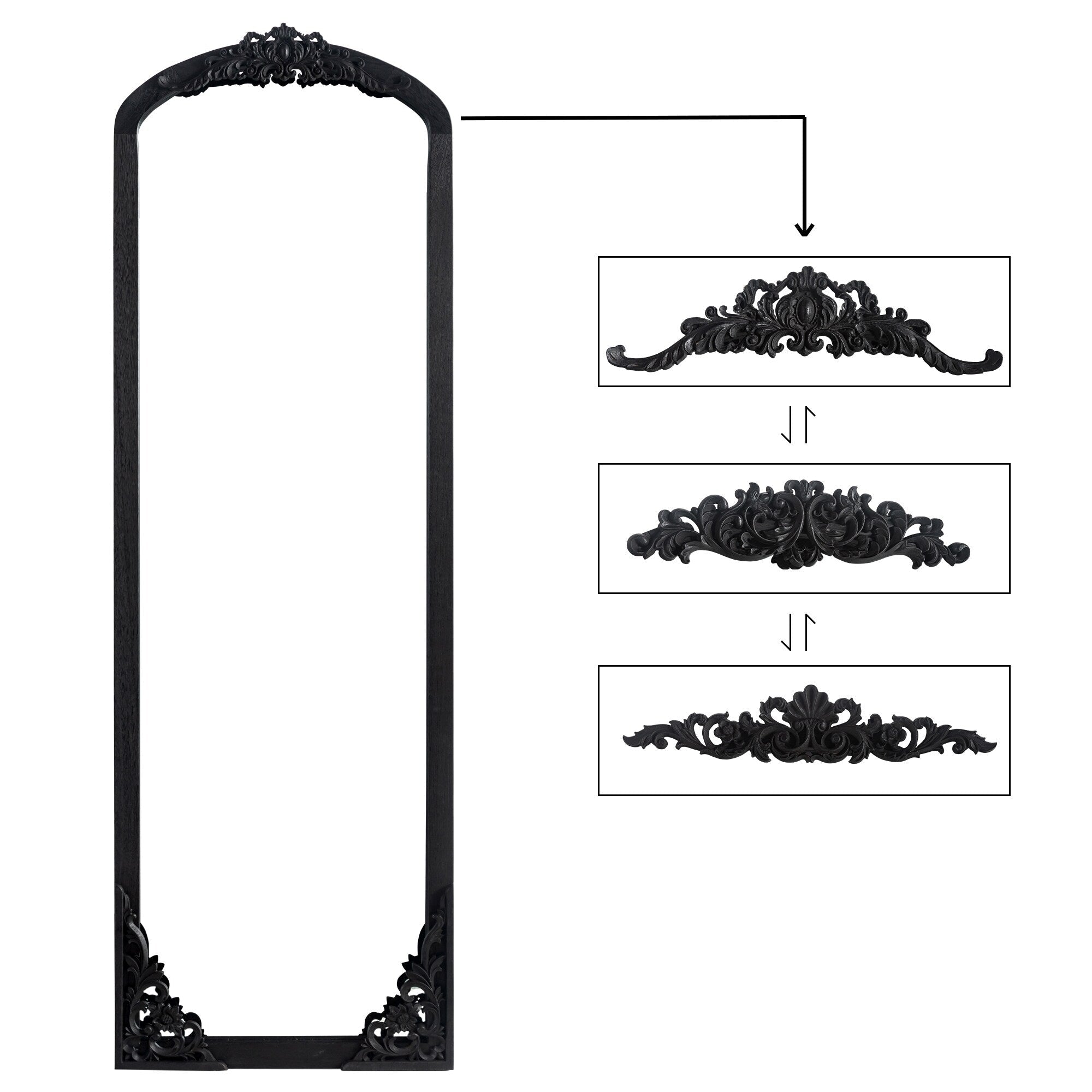 Arched Full-Length Solid Wood Carving Floor Mirror
