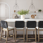 Beacon Bohemian Boucle Bar Stool, Upholstered Counter Height Chair with Solid Wood Frame and Woven Seagrass Back