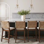 Beacon Bohemian Boucle Bar Stool, Upholstered Counter Height Chair with Solid Wood Frame and Woven Seagrass Back