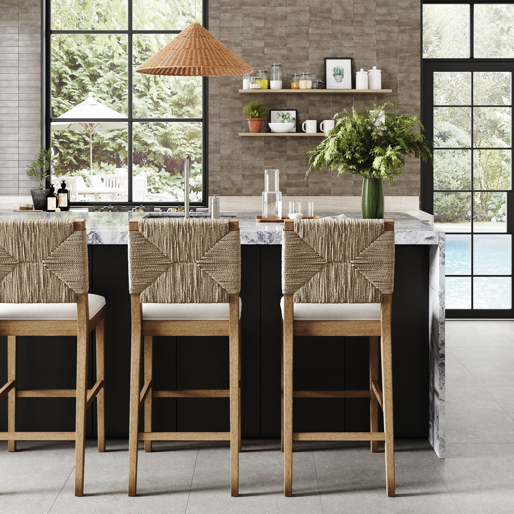 Beacon Bohemian Boucle Bar Stool, Upholstered Counter Height Chair with Solid Wood Frame and Woven Seagrass Back