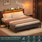 Farmhouse Wood Platform Bed Frame with Charged Station and LED Lights
