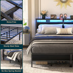 Farmhouse Wood Platform Bed Frame with Charged Station and LED Lights