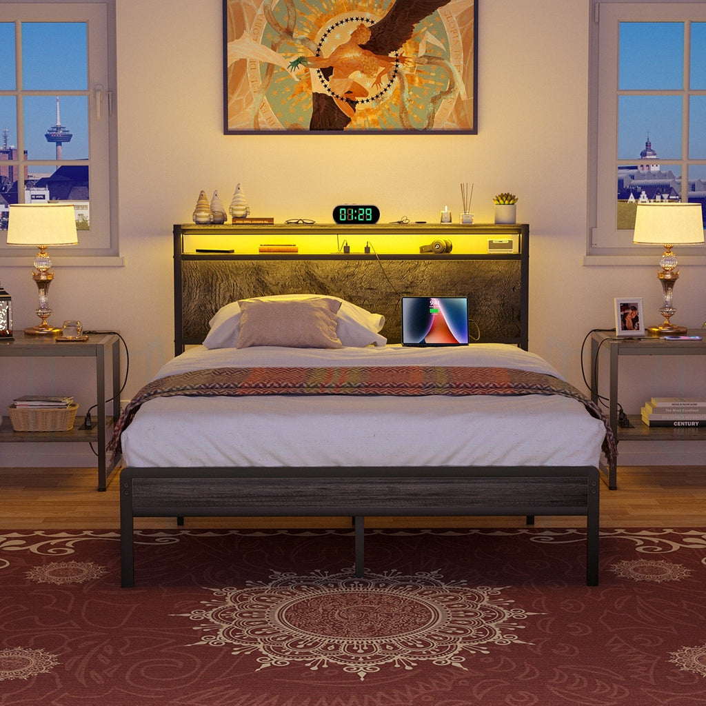 Farmhouse Wood Platform Bed Frame with Charged Station and LED Lights