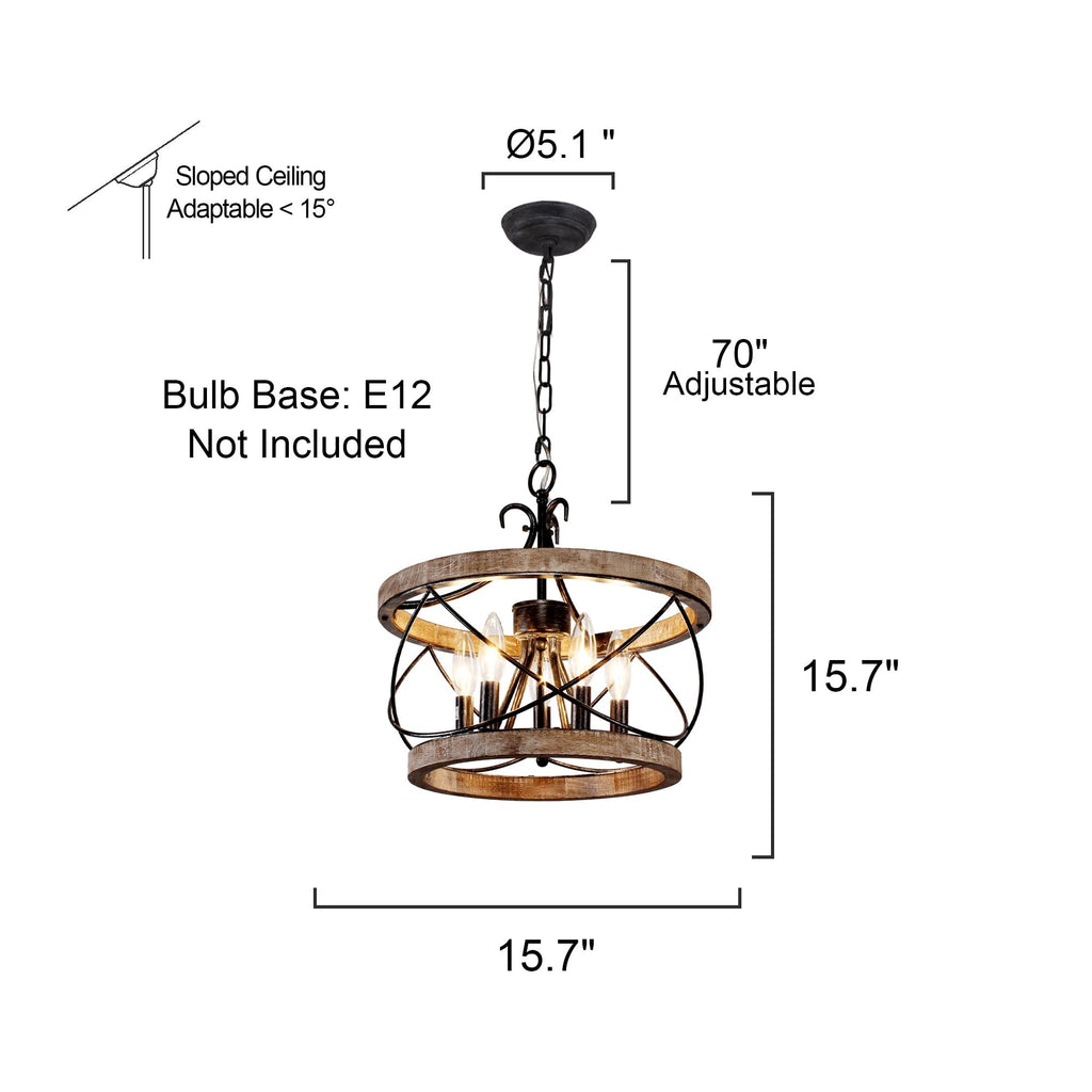 Bella Depot 5-Light Rustic Cage Wood Chandelier Dimmable Lighting, 15.7 Adjustable Farmhouse Pendant Light for Kitchen Island