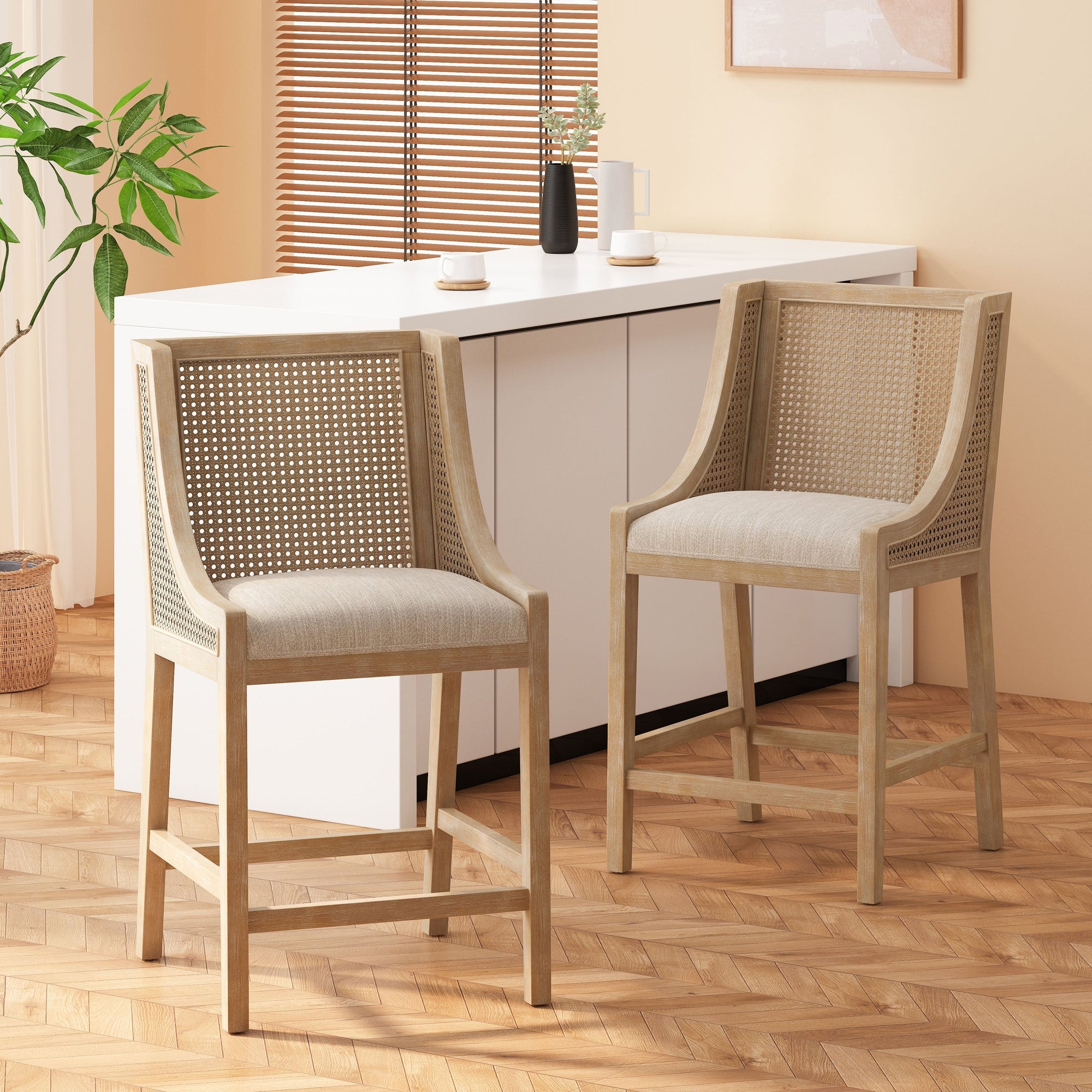 Christopher Knight Home Cataldo Fabric Upholstered Wood and Cane 25.5-Inch Counter Stools (Set of 2)