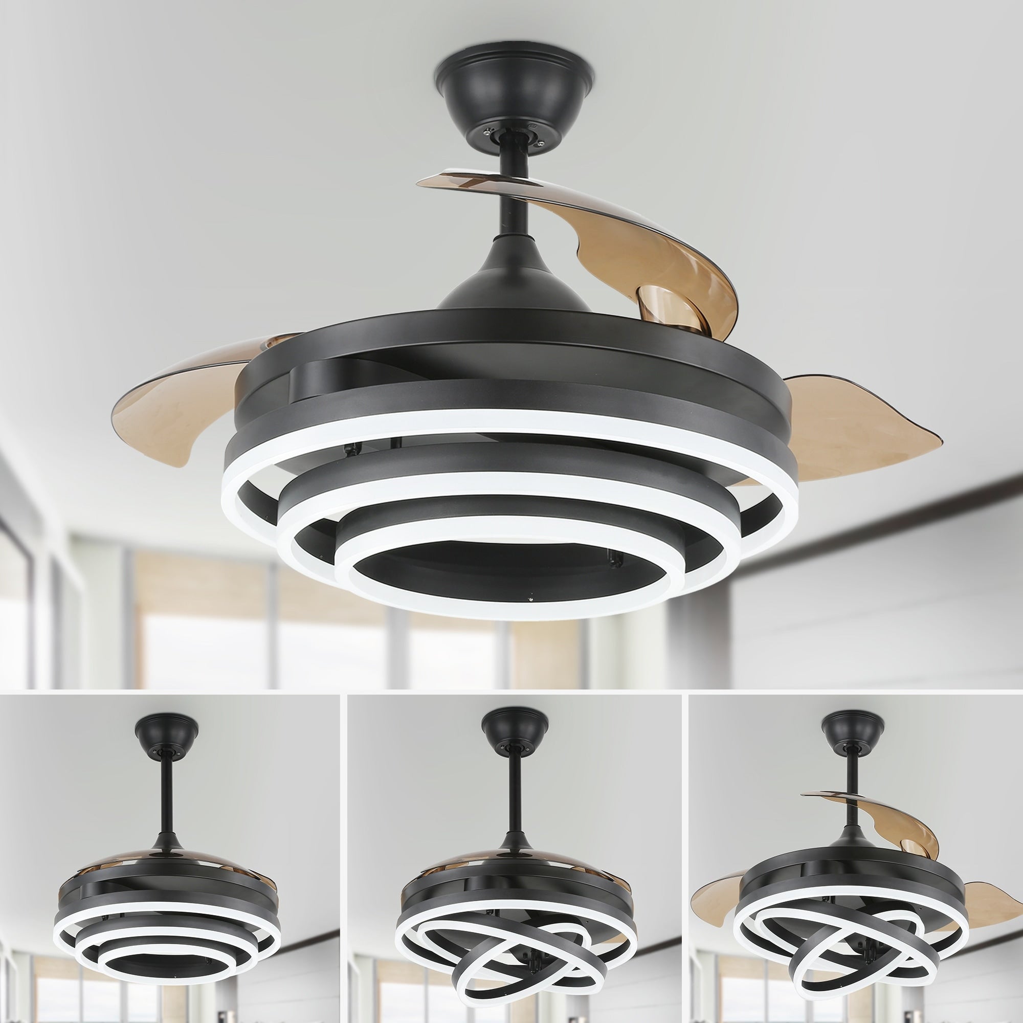 Cusp Barn 42 Retractable Ceiling Fan with Lights and Remote DIY Shape Fandelier Modern Silent DC Motor LED Ceiling Light