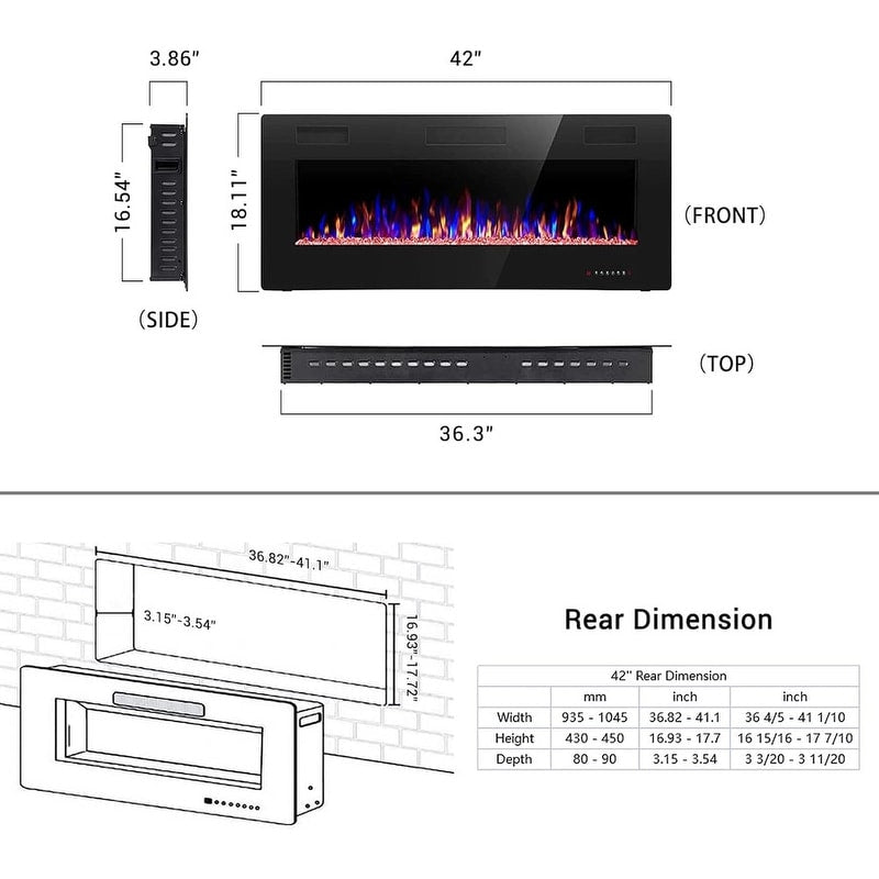 Electric Fireplace Heater Recessed Wall-mounted w/ RC (750-1500W)