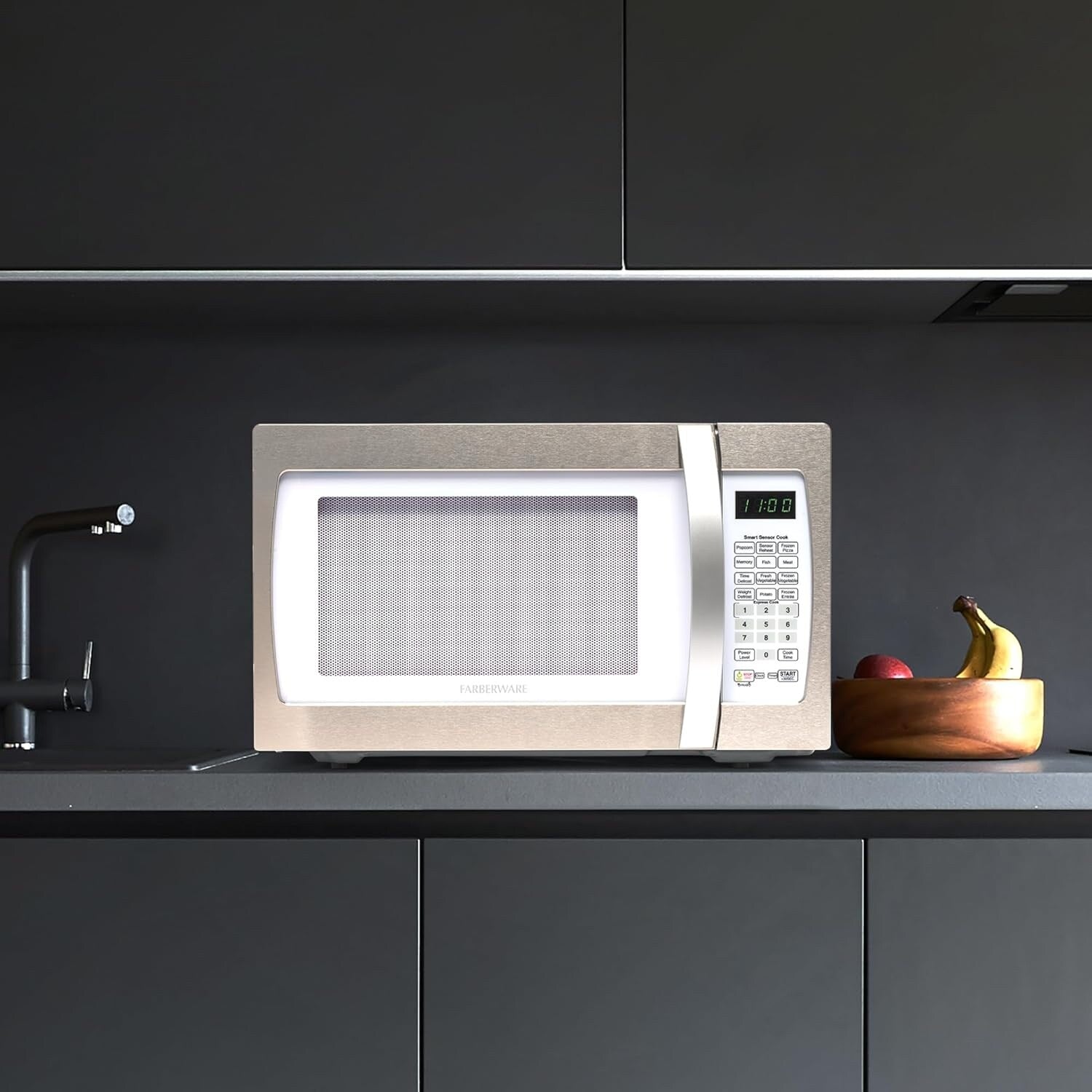 Farberware Professional 1.3 Cu. Ft. 1100-Watt Microwave Oven with Smart Sensor Cooking, White and Platinum
