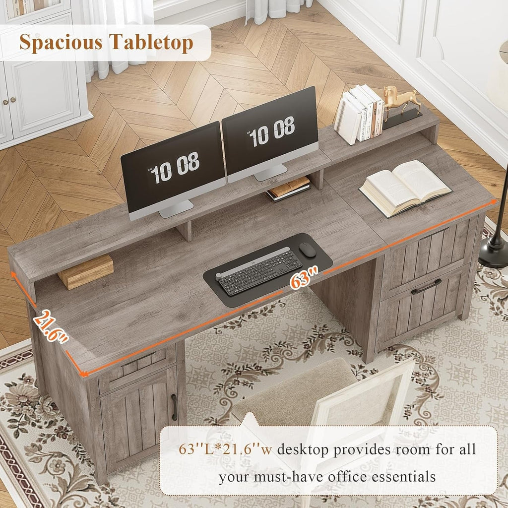Farmhouse Executive Desk Home Office Desk File Drawer Monitor Stand Power Outlet