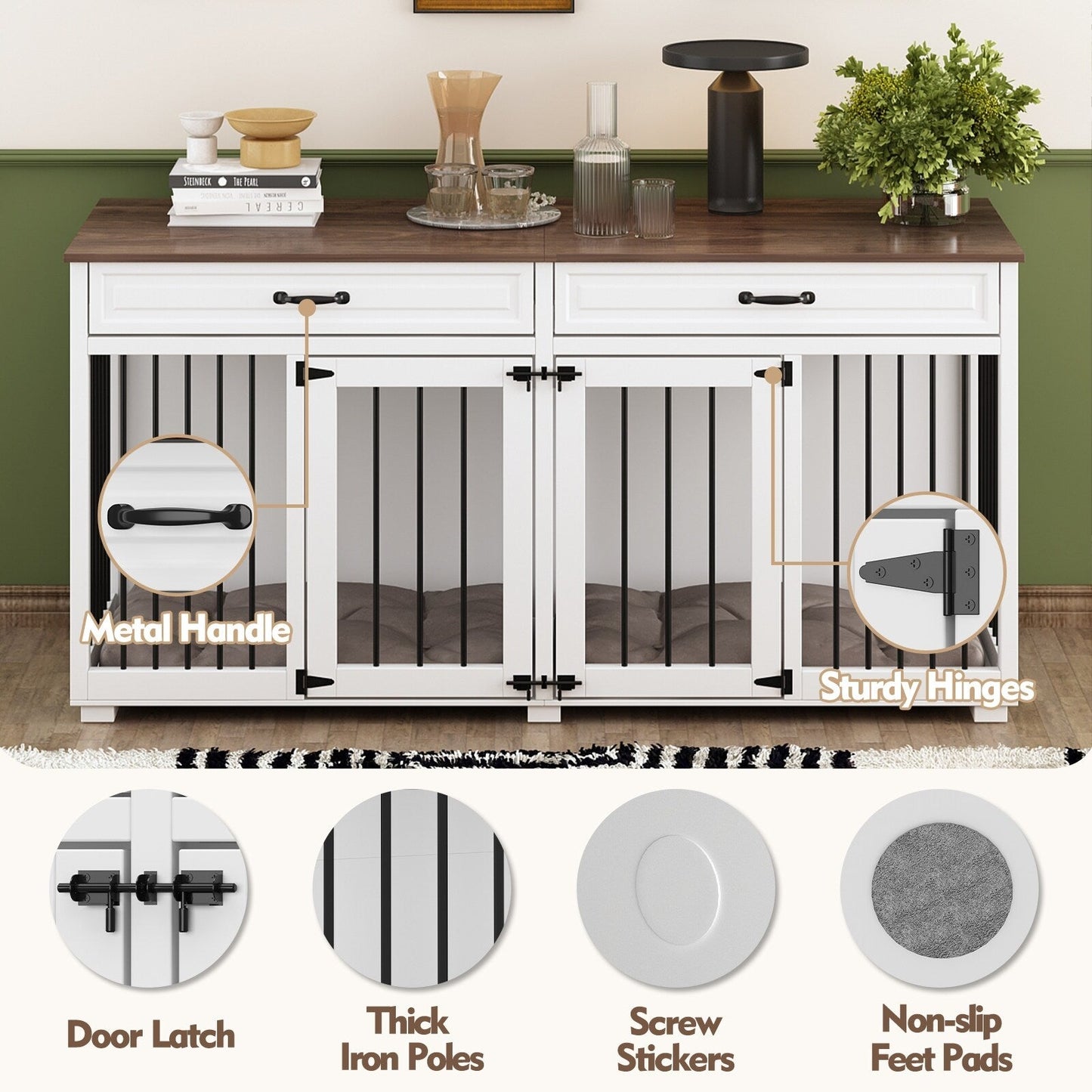 Furniture Style Dog Crate, 64.5 Inch Wooden Large Dog Kennel