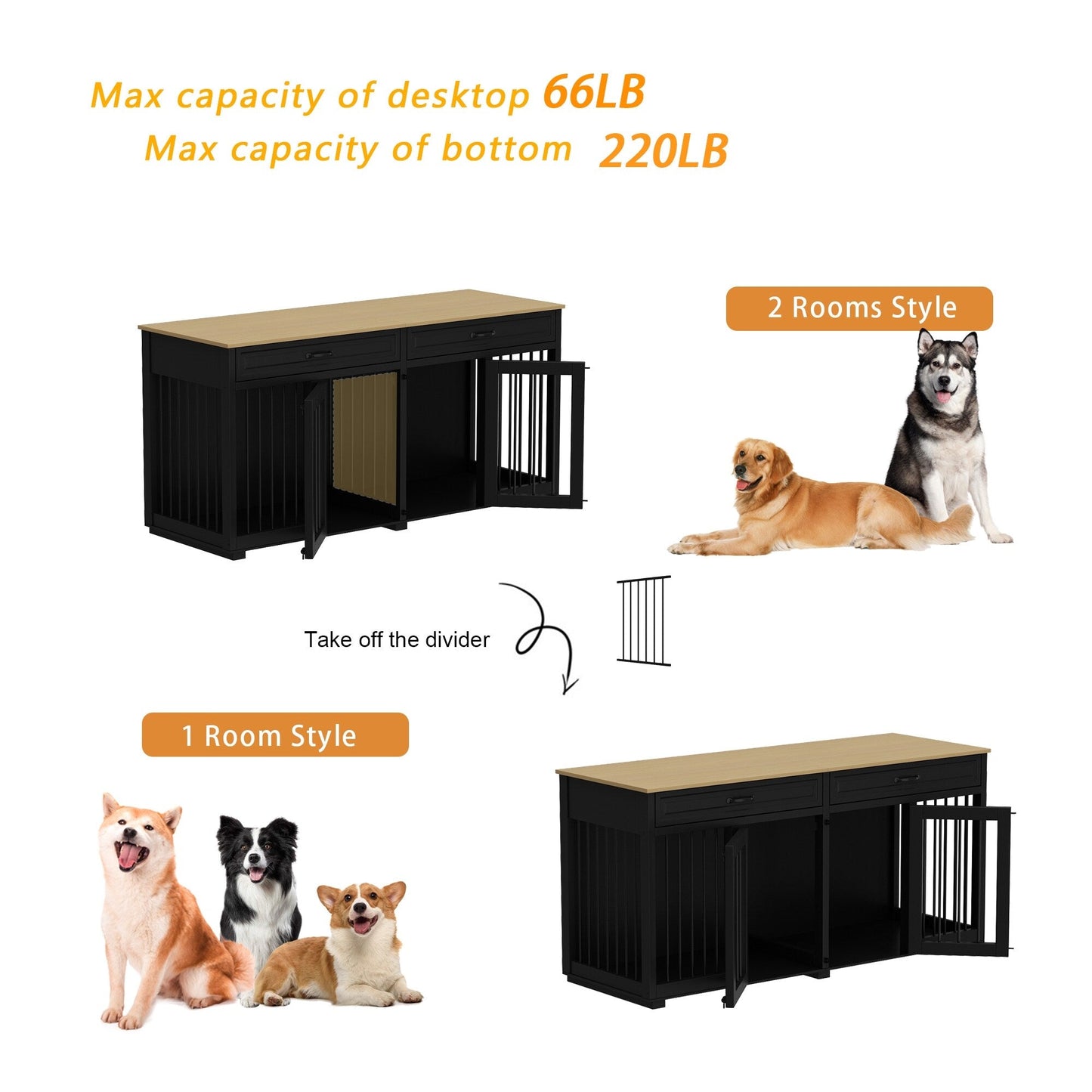 Furniture Style Dog Crate, 64.5 Inch Wooden Large Dog Kennel