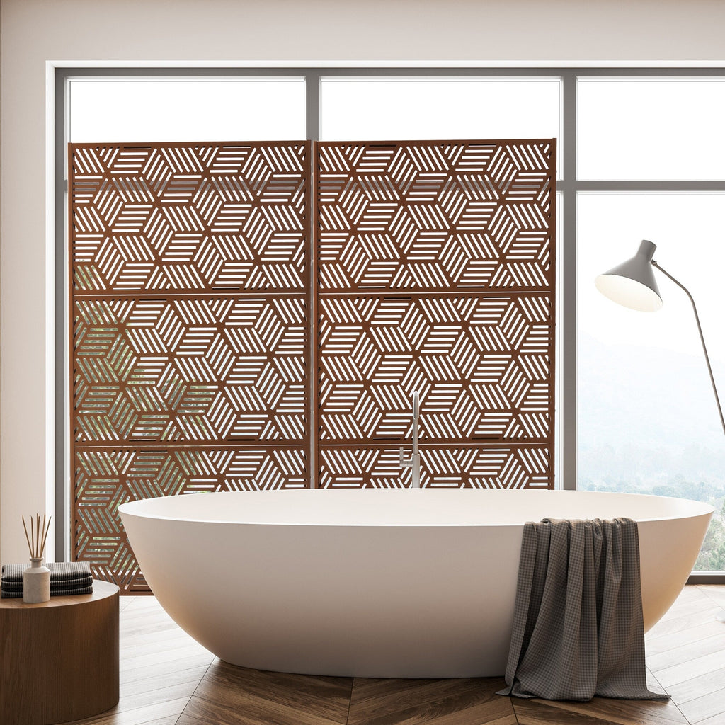 Glitzhome 6ft Galvanized Floral Patterned 3-Panel Privacy Screen Room Divider Fences
