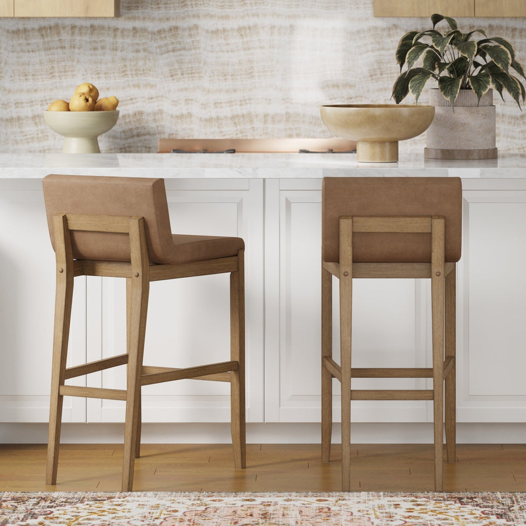Gracie Modern Bar Stool, Boucle Upholstered Chair and Brushed Wooden Legs
