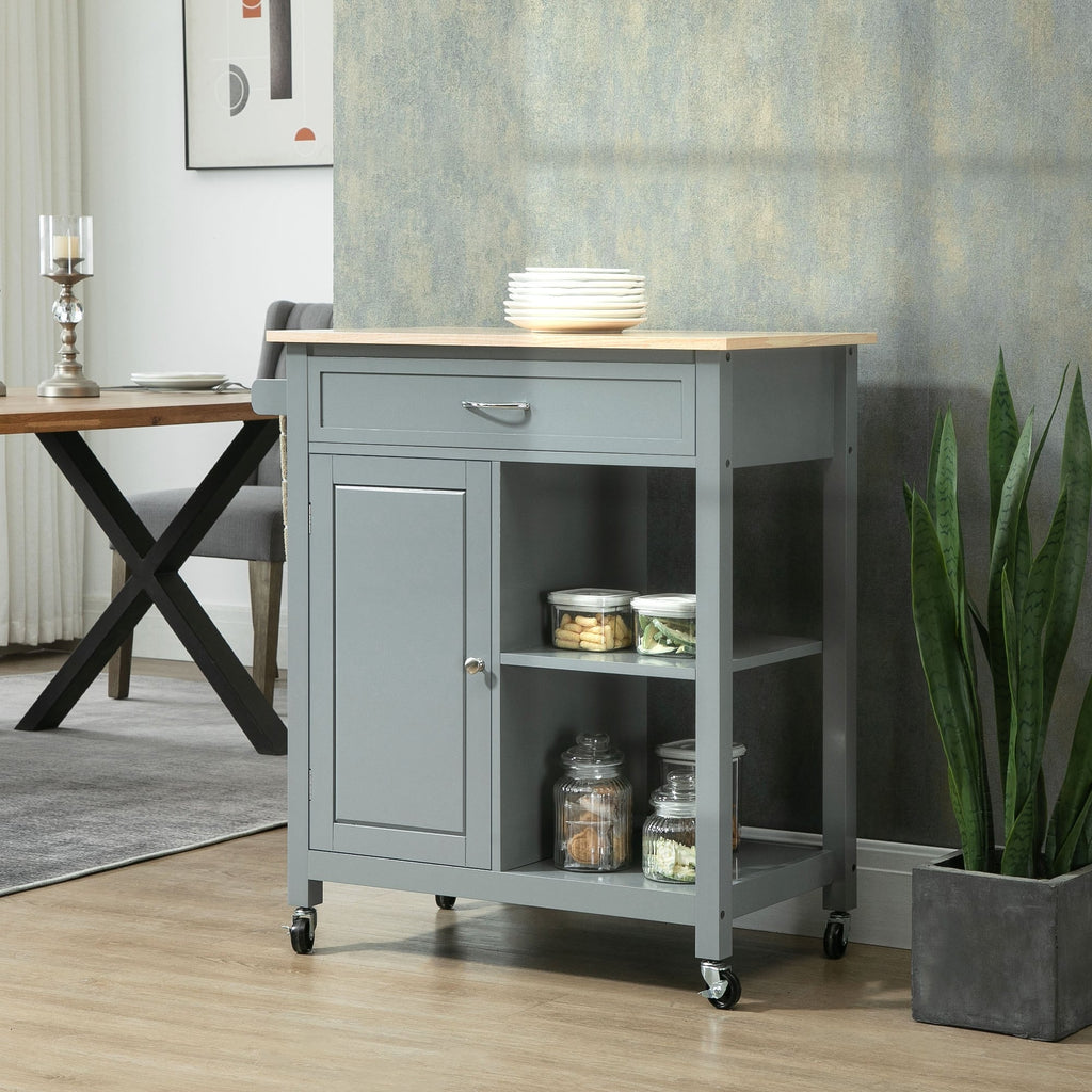 HOMCOM Kitchen Trolley, Wood Top Utility Cart on Wheels with Open Shelf and Storage Drawer for Dining Room, Kitchen