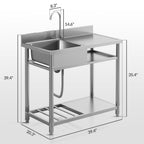 HOMCOM Outdoor Utility Sink, Deep Stainless Steel Sink, Free Standing Single Bowl Kitchen Sink, 39 Inch - 39 Inch