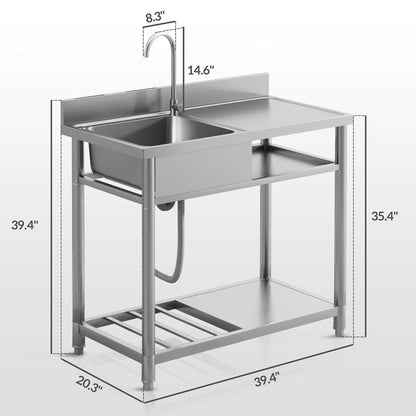 HOMCOM Outdoor Utility Sink, Deep Stainless Steel Sink, Free Standing Single Bowl Kitchen Sink, 39 Inch - 39 Inch