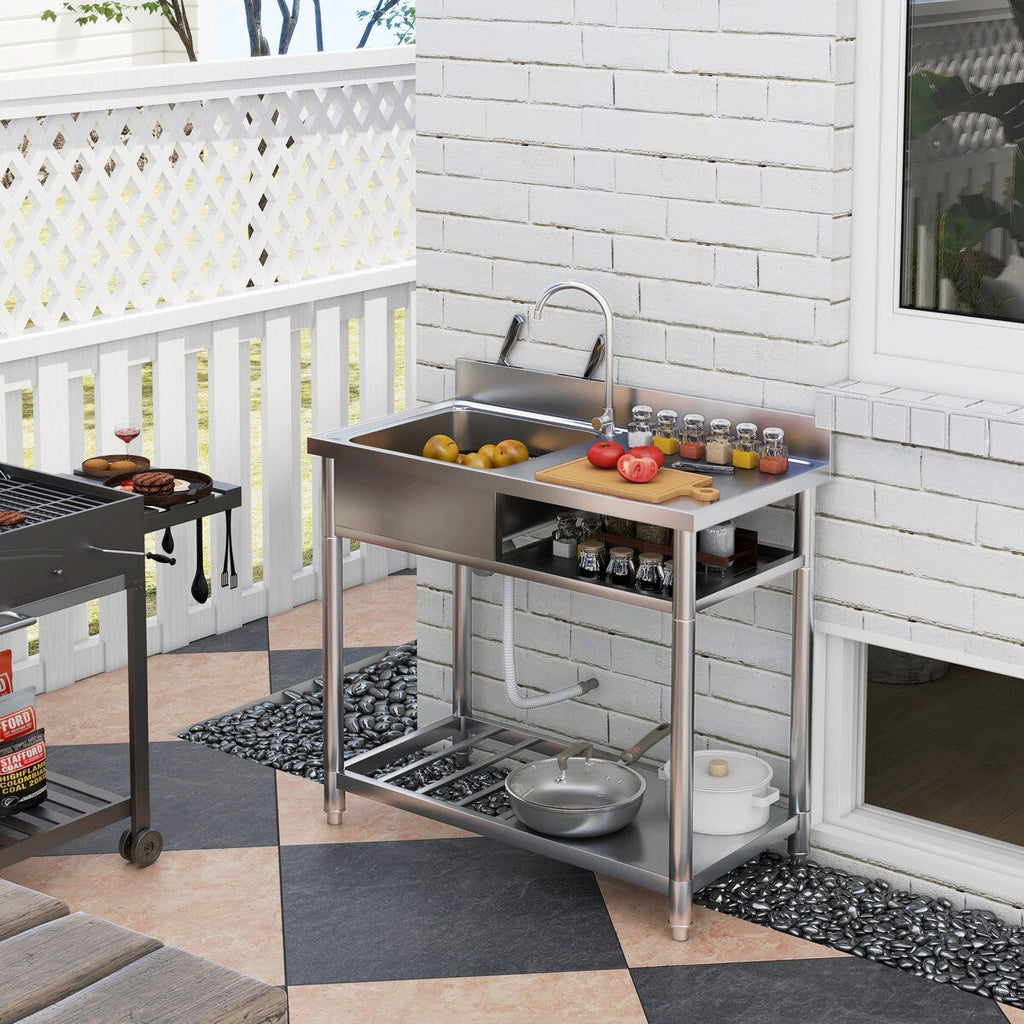 HOMCOM Outdoor Utility Sink, Deep Stainless Steel Sink, Free Standing Single Bowl Kitchen Sink, 39 Inch - 39 Inch