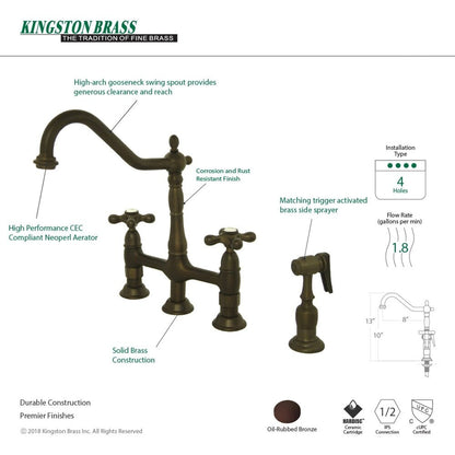 Robinet de cuisine Kingston Brass Heritage Bridge avec douchette en laiton