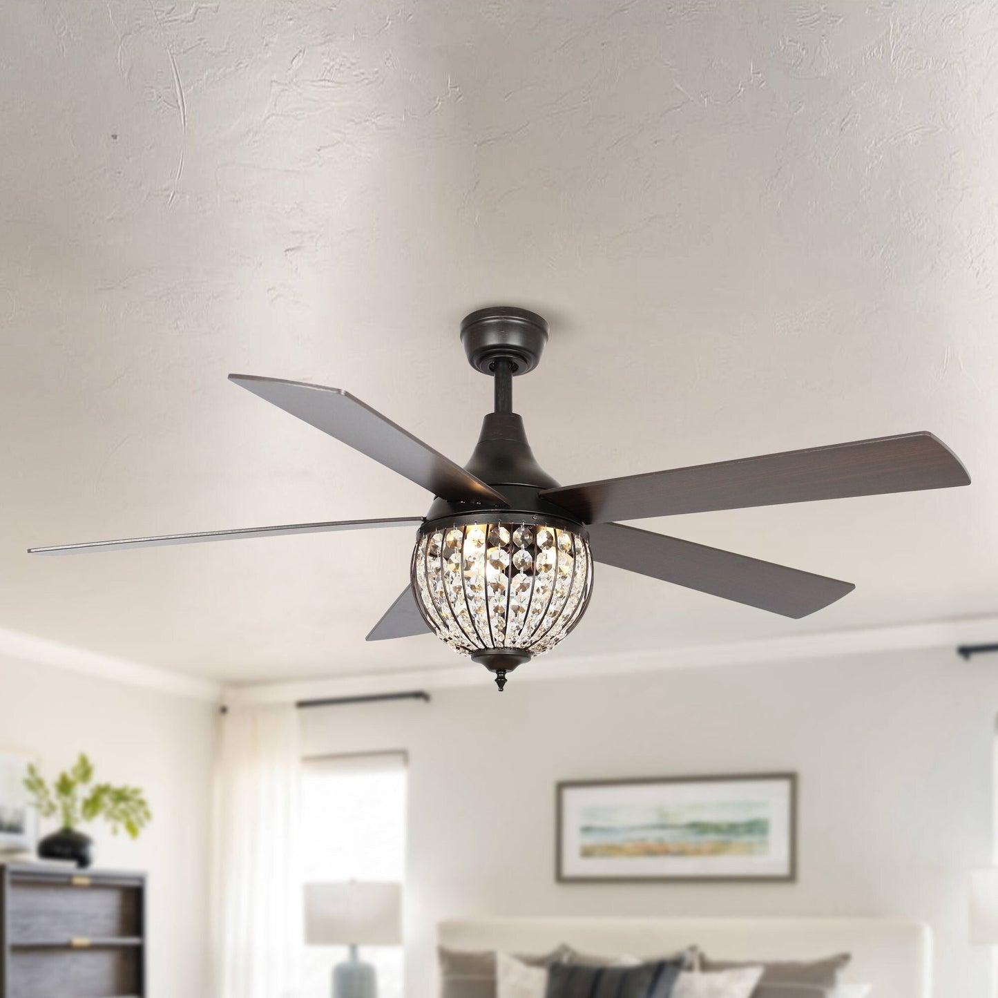 52 Industrial Black Wood 5-blade Crystal Ceiling Fan with Remote