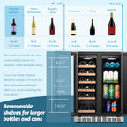 Lanbo 24 Inch Dual Zone 18 Bottle Wine and 55 Can Beverage Cooler, Stainless Steel and Glass with French Door