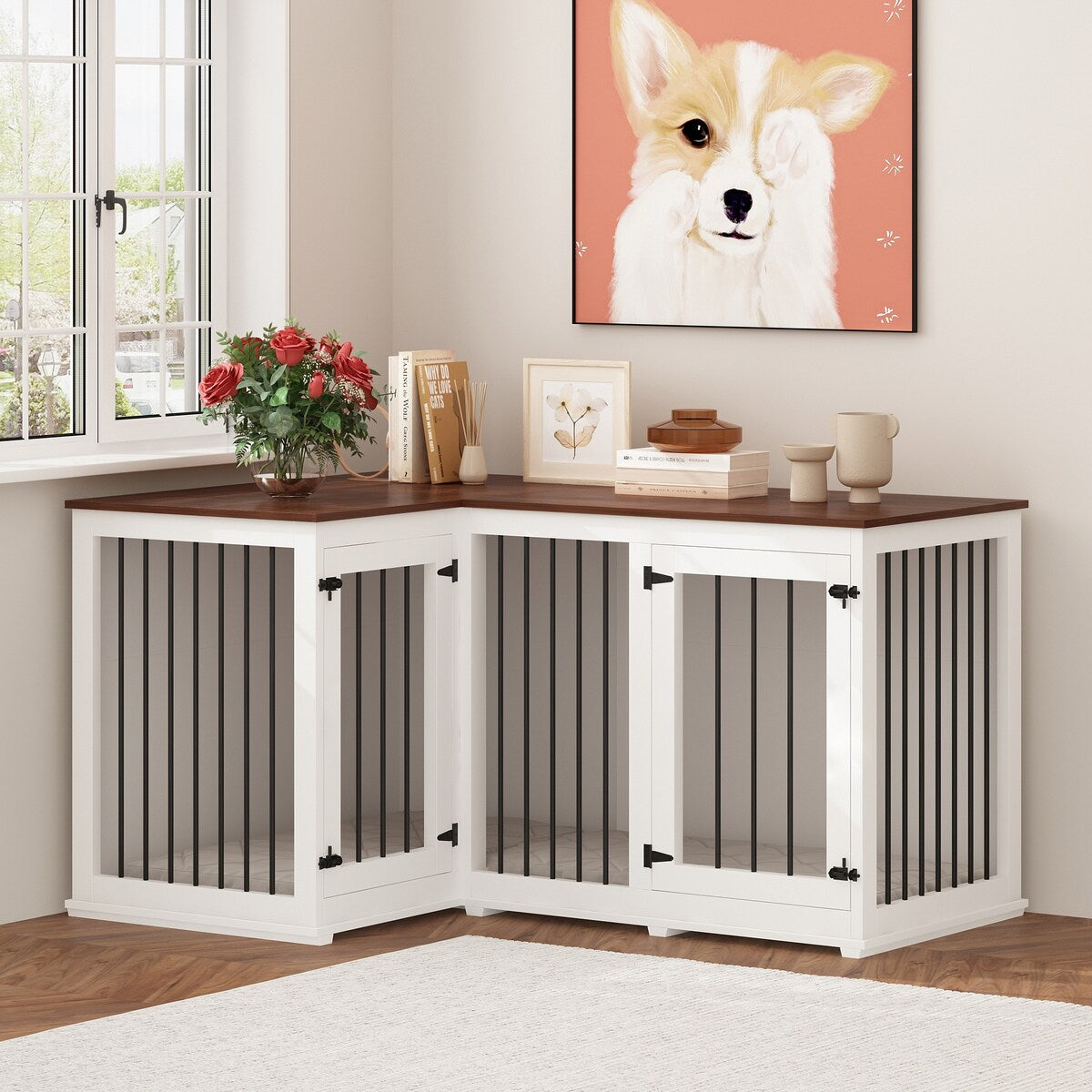Cage d'angle pour 2 chiens, grande taille, en forme de L, 58,7 x 41,1 cm