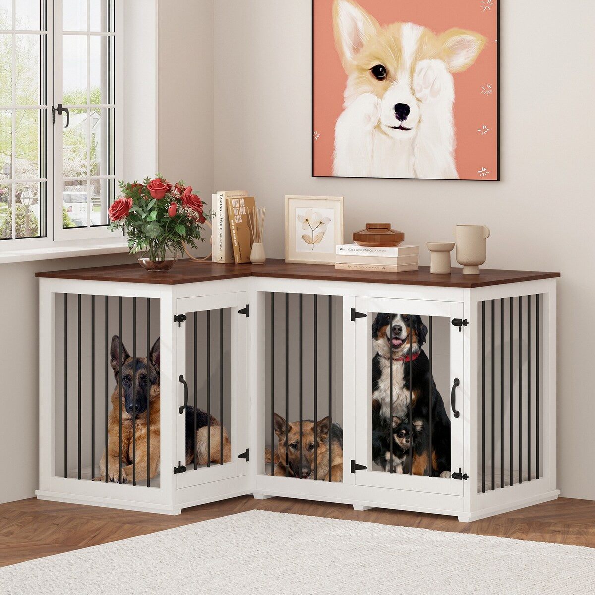 Cage d'angle pour 2 chiens, grande taille, en forme de L, 58,7 x 41,1 cm
