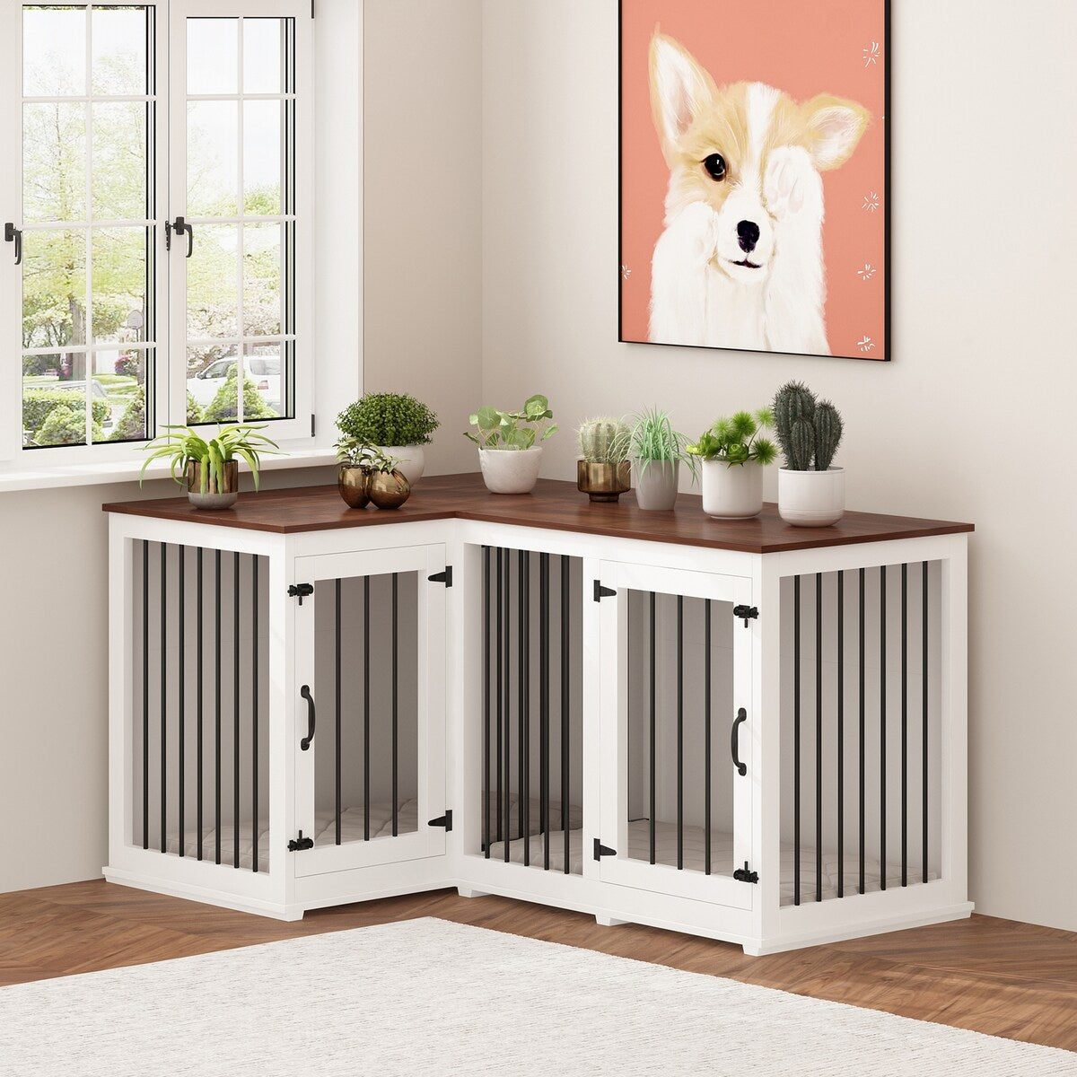 Cage d'angle pour 2 chiens, grande taille, en forme de L, 58,7 x 41,1 cm