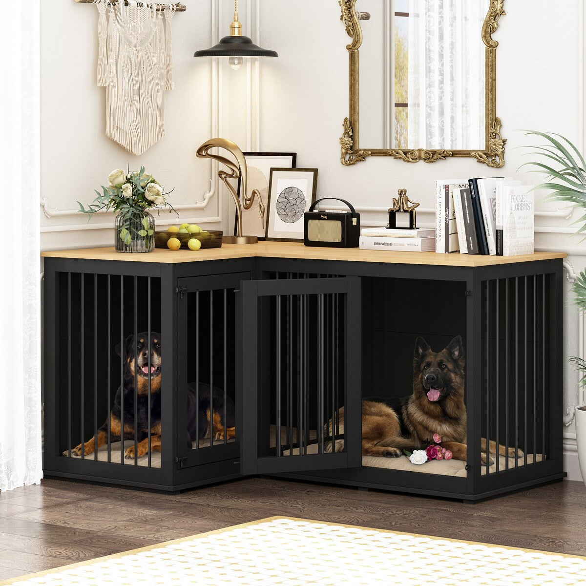 Cage d'angle pour 2 chiens, grande taille, en forme de L, 58,7 x 41,1 cm