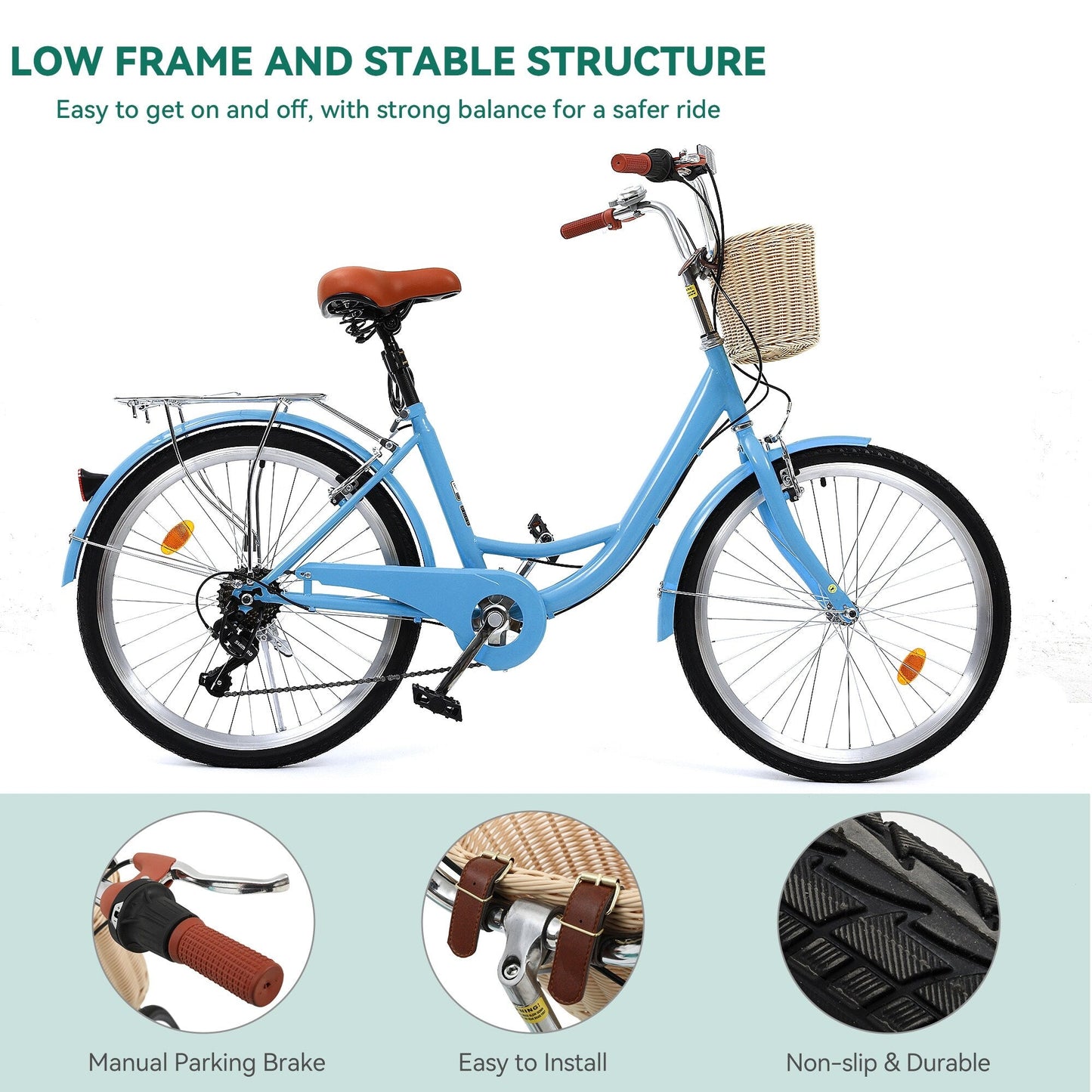 Vélo de croisière Moasis24/26 à 7 vitesses, vélo à cadre réglable, vélo de trajet