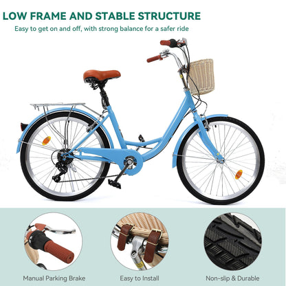Vélo de croisière Moasis24/26 à 7 vitesses, vélo à cadre réglable, vélo de trajet