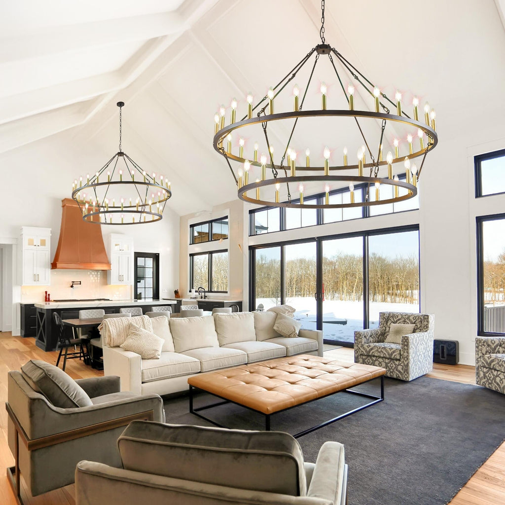 Modern Farmhouse Chandelier 2 Tier Round Wagon Wheel Chandelier Large High Ceiling Light.