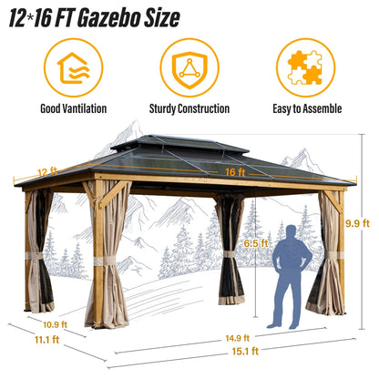 EROMMY Hardtop Gazebo,Outdoor Pergola with Double Roof & Netting & Curtains,Heavy Duty Canopy for Patio, Backyard, Pool party
