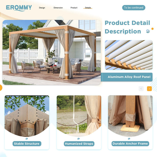 EROMMY Outdoor Louvered Pergola Gazebo with Adjustable Aluminum Rainproof Roof