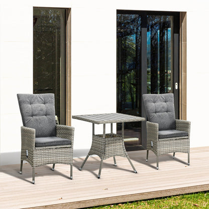 Outsunny 3 Pieces Patio PE Rattan Sofa Set, Outdoor Recliner Chairs Wood Grain plastic Top Coffee Table