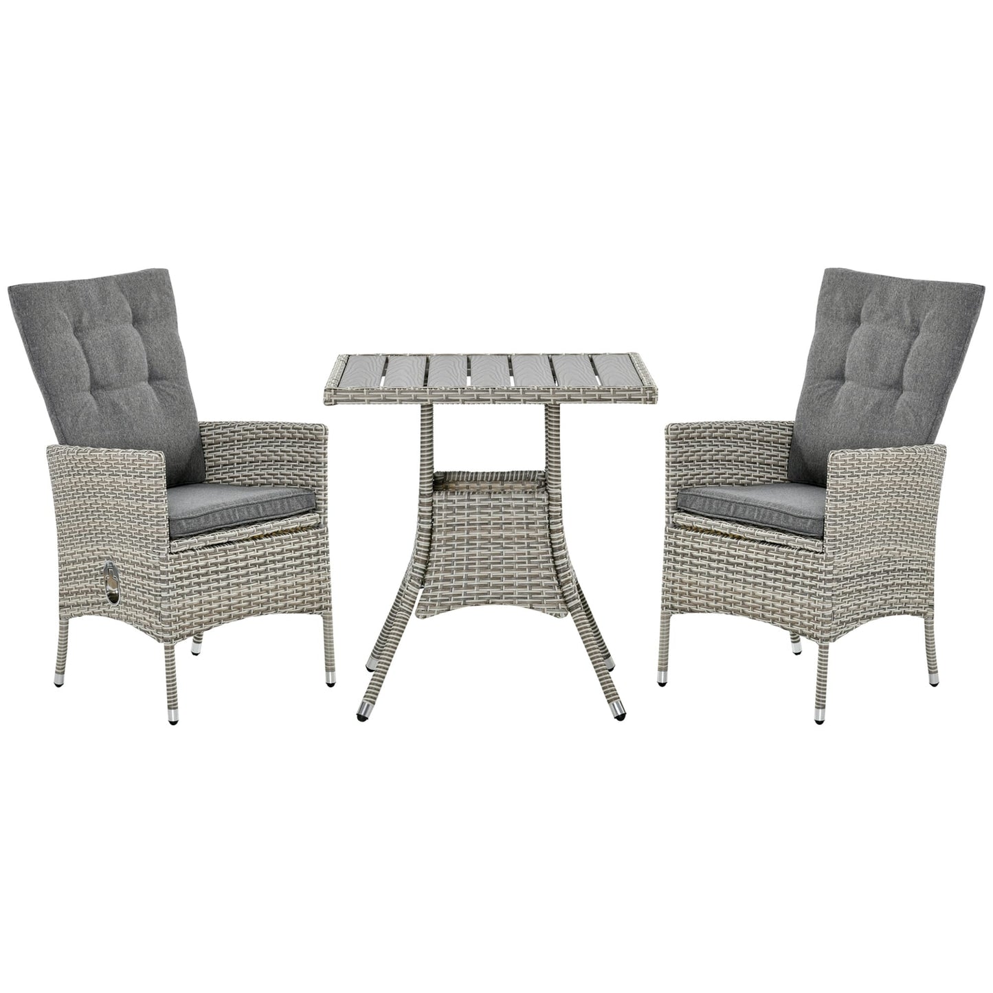 Outsunny 3 Pieces Patio PE Rattan Sofa Set, Outdoor Recliner Chairs Wood Grain plastic Top Coffee Table