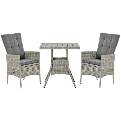 Outsunny 3 Pieces Patio PE Rattan Sofa Set, Outdoor Recliner Chairs Wood Grain plastic Top Coffee Table