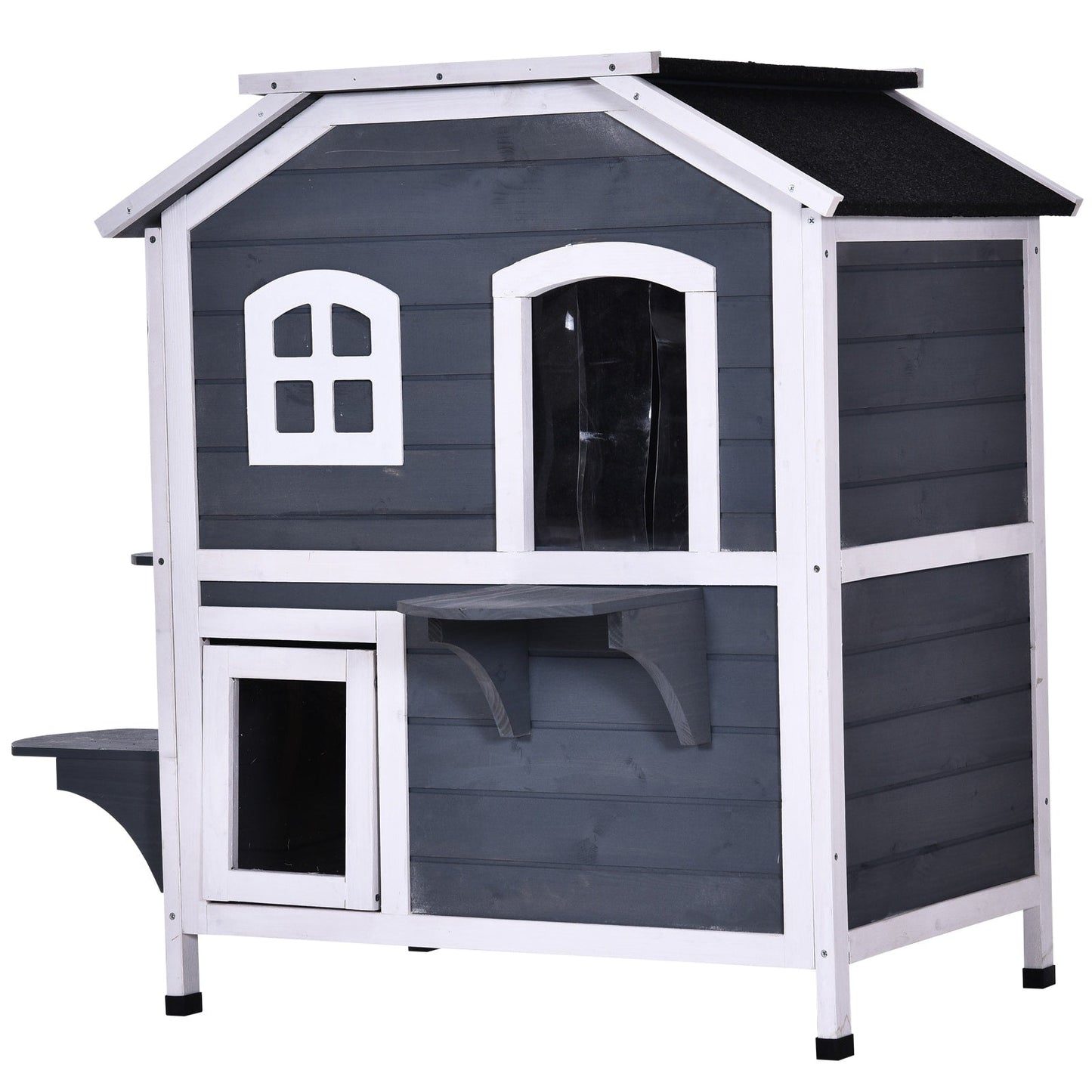 Maison pour chat d'extérieur PawHut en bois de sapin à deux étages, abri pour chats sauvages en bois avec toit en asphalte ouvrable pour intérieur/extérieur, blanc/gris
