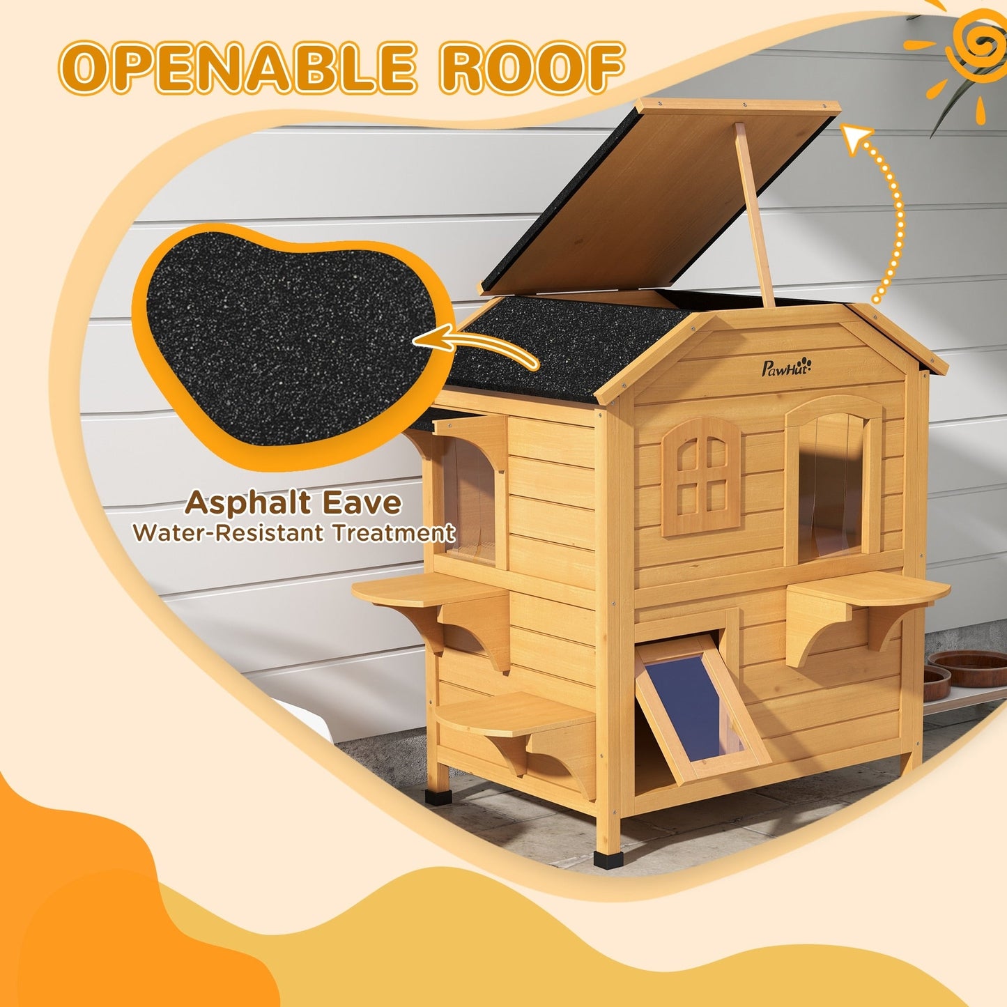 Maison pour chat d'extérieur PawHut en bois de sapin à deux étages, abri pour chats sauvages en bois avec toit en asphalte ouvrable pour intérieur/extérieur, blanc/gris
