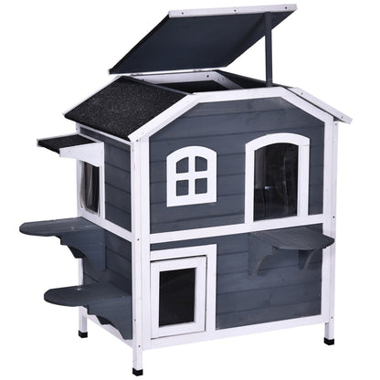 Maison pour chat d'extérieur PawHut en bois de sapin à deux étages, abri pour chats sauvages en bois avec toit en asphalte ouvrable pour intérieur/extérieur, blanc/gris