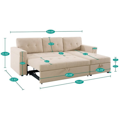 Canapé sectionnel réversible avec lit gigogne, méridienne avec rangement dissimulé, pieds durables,
