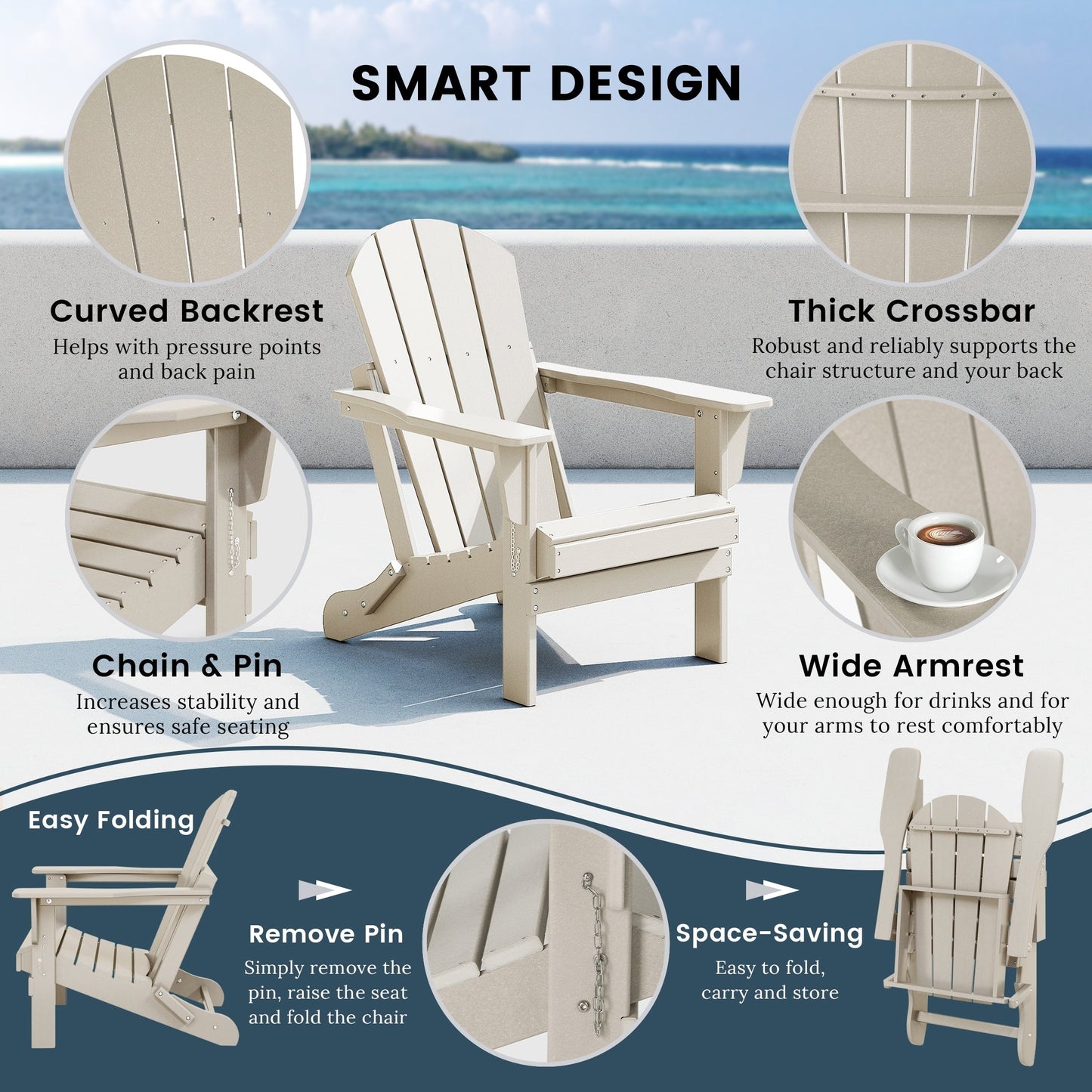 Chaise pliante Adirondack Polytrends Laguna résistante à la décoloration et aux intempéries pour patio extérieur